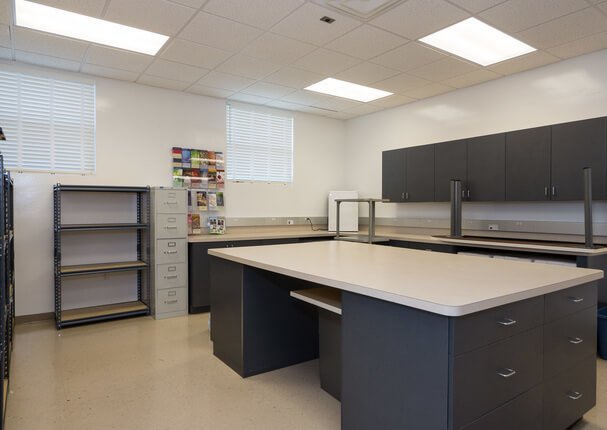 Lab space with open counter space and plenty of cabinets and shelves