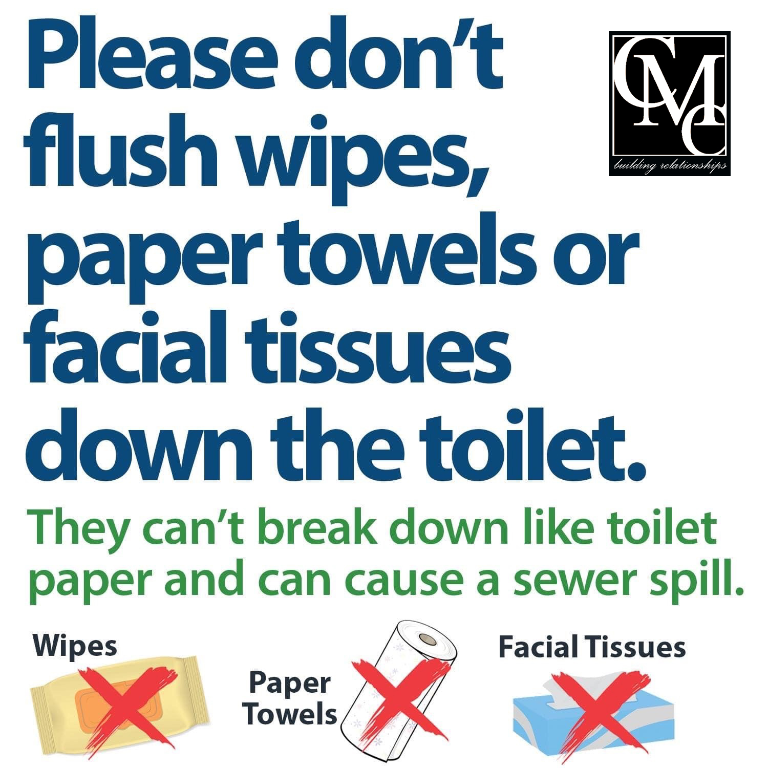 Please do not flush wipes, paper towels, or facial tissues